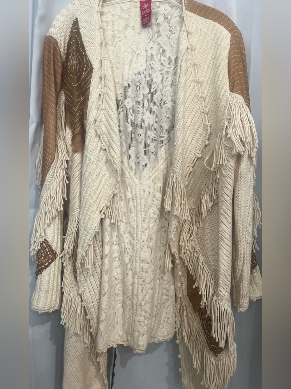 Fringed Crochet Open-Front Poncho Cardigan - Cream/Tan